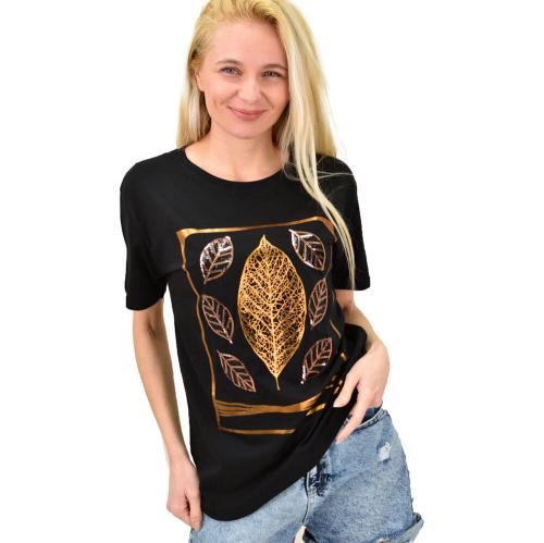 Γυναικείο T-shirt με στάμπα φύλλο Μαύρο 14371