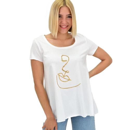 Γυναικεία μονόχρωμη μπλούζα με χρυσό τύπωμα Λευκό 21000