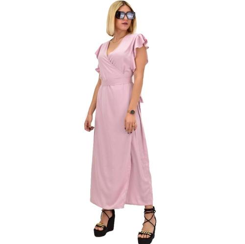 Γυναικείο φόρεμα κρουαζέ αμάνικο με ζωνάκι Ροζ 20536