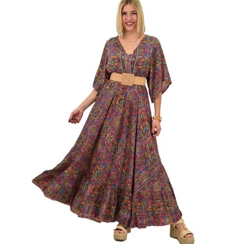 Γυναικείο μεταξωτό boho φόρεμα με κρόσια Μπορντώ 20531