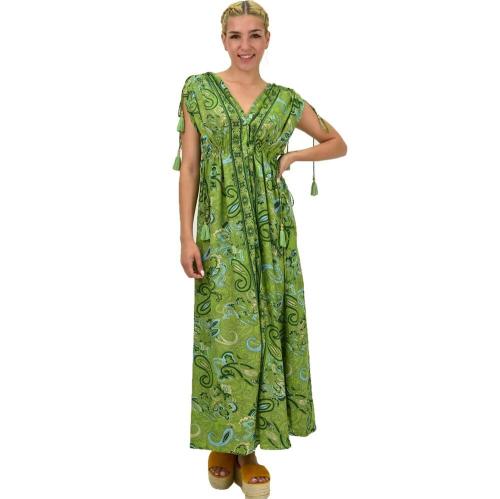Γυναικείο μεταξωτό boho φόρεμα με κρόσια Πράσινο 21186