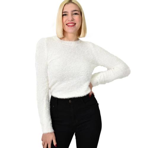 Γυναικείο χνουδωτό πουλόβερ με στρογγυλή λαιμόκοψη Εκρού 22845