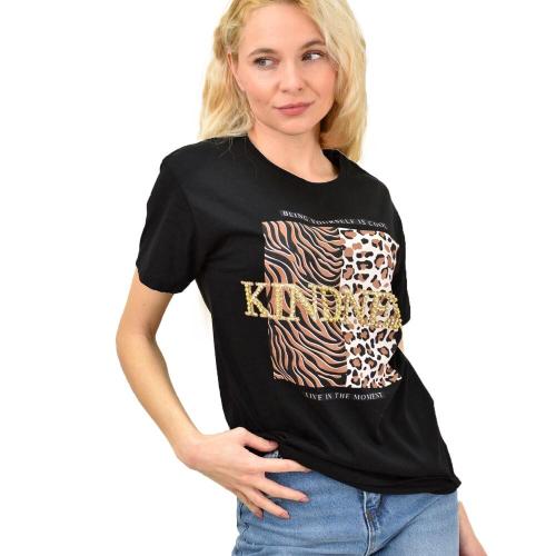 Γυναικείο T-shirt με τύπωμα και στρας KINDNESS Μαύρο 13742