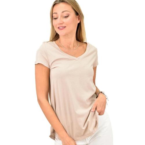 Γυναικεία μπλούζα κοντομάνικη με V λαιμόκοψη Μπεζ 10850