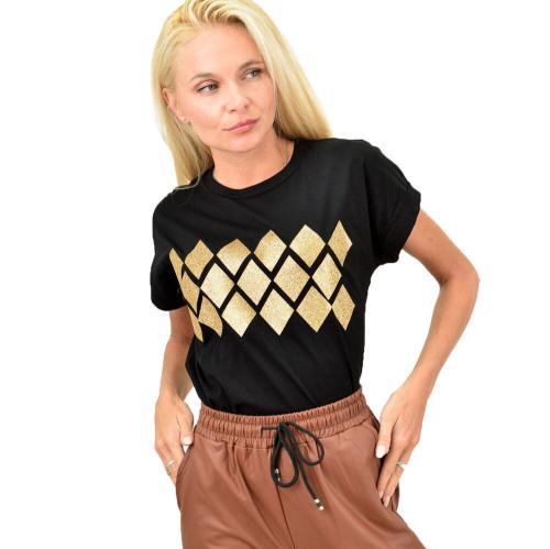 Γυναικείο T-shirt με χρυσό σχέδιο Μαύρο 13269