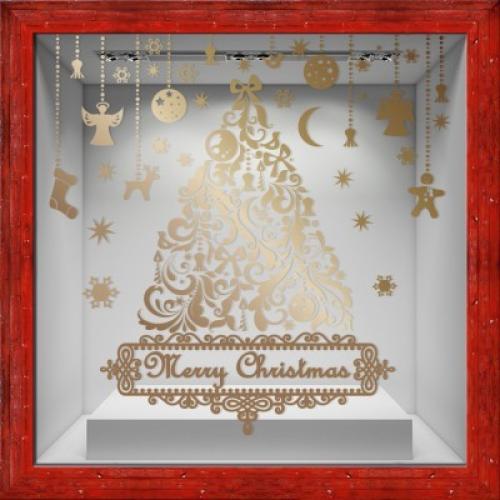 Χρυσό Χριστουγεννιάτικο Δέντρο με Στολίδια, Χριστουγεννιάτικα, Αυτοκόλλητα βιτρίνας, 80 x 80 εκ.