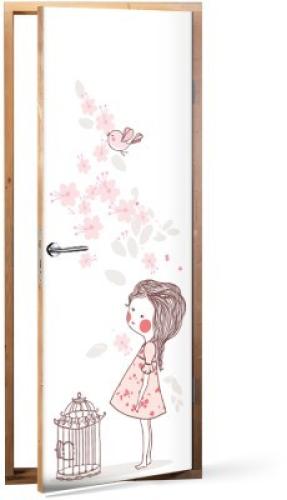Κοριτσάκι με πουλάκι, Παιδικά, Αυτοκόλλητα πόρτας, 60 x 170 εκ.