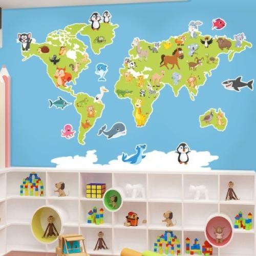 Χάρτης του κόσμου με ζώα, Παιδικά, Αυτοκόλλητα τοίχου, 100 x 65 εκ.