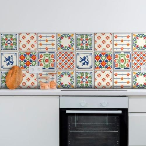 Floral μοτίβο με ζώα (8 τεμάχια), Τοίχου, Αυτοκόλλητα πλακάκια, 10 x 10 εκ.