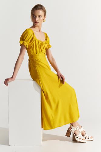 Φόρεμα μίντι με σούρες Yellow