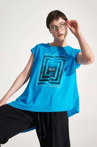 T-shirt ασύμμετρο με τύπωμα Turquoise
