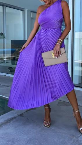 Φόρεμα midi πλισέ ασύμμετρο με έναν ώμο σατινέ - Violet Purple (Μωβ)
