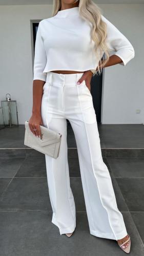 Σετ crop top μπλούζα & παντελόνα ψηλόμεση με νερβίβ - White (Λευκό)