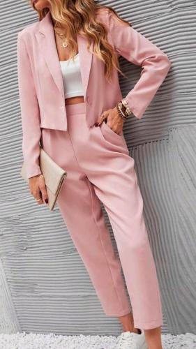 Σετ σακάκι cropped με φόδρα & παντελόνι ψηλόμεσο - Baby Pink (Ροζ)