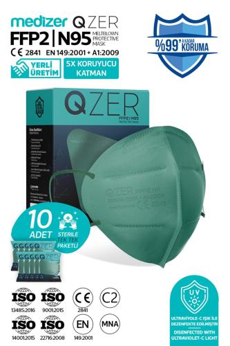 Αποστειρωμένη Μάσκα Υψηλής Προστασίας FFP2/N95 QZER Πράσινη | 10τμχ