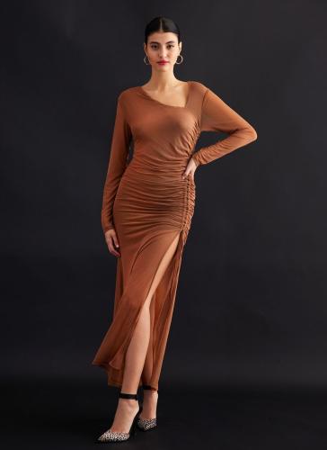 Φόρεμα μάξι διαφάνεια με διακριτικό glitter LUMINA - Caramel