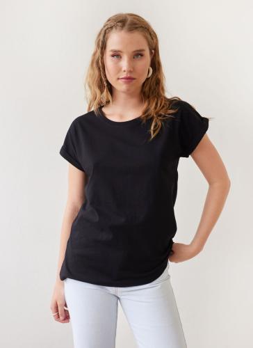 T-shirt μονόχρωμο με ρεβέρ στα μανίκια - Μαύρο