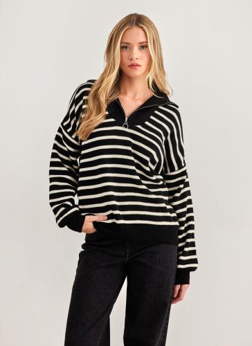Πλεκτό πουλόβερ με ψηλό γιακά και φερμουάρ - Μαύρο