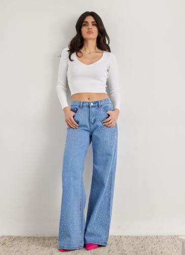 Παντελόνι τζιν ψηλόμεσο με στρας - Μπλε jean