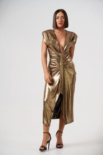 Φόρεμα Midi Metallic Με Ανοιχτό Ντεκολτέ Για Club