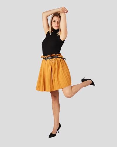 Γυναικεία πλισέ φούστα με ζώνη μουσταρδί 100% πολυεστερ