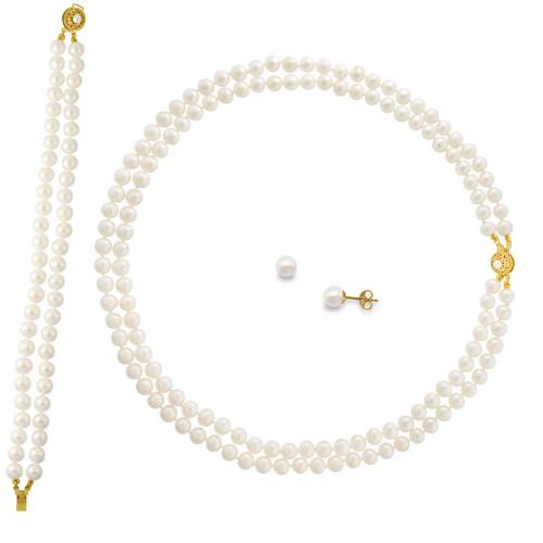 Σετ κολιέ, σκουλαρίκια και βραχιόλι Κ14 χρυσό με λευκά μαργαριτάρια - M121496