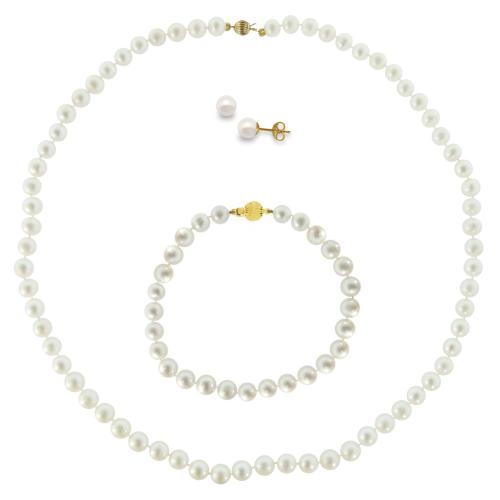 Σετ κολιέ, σκουλαρίκια και βραχιόλι σε Κ14 χρυσό με λευκά μαργαριτάρια - M990009