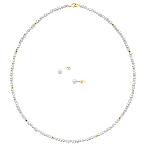 Σετ χρυσό Κ14 κολιέ με χρυσά στοιχεία και σκουλαρίκια με λευκά μαργαριτάρια - F124066