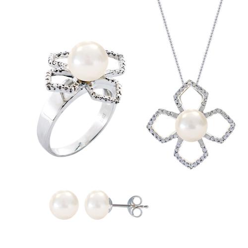 Σετ δαχτυλίδι, μενταγιόν και δώρο σκουλαρίκια με λευκά μαργαριτάρια σε ασήμι 925 - F990063