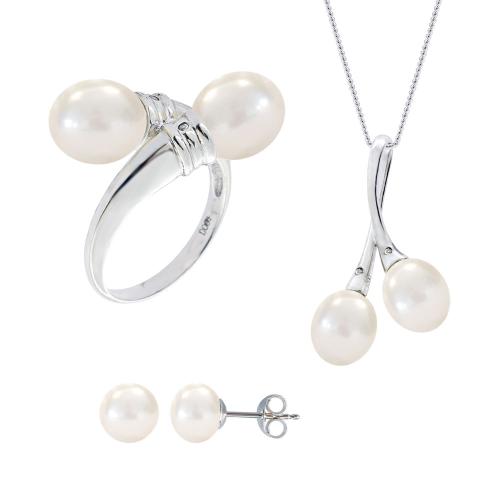 Σετ δαχτυλίδι, μενταγιόν και δώρο σκουλαρίκια με λευκά μαργαριτάρια σε ασήμι 925 - M990060