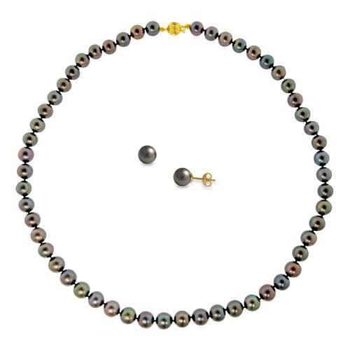 Σετ κολιέ και σκουλαρίκια σε Κ14 χρυσό με μαύρα μαργαριτάρια - M990074B