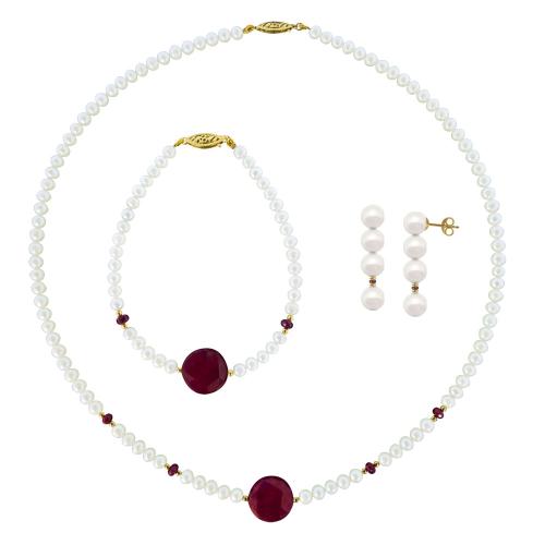 Σετ κολιέ, σκουλαρίκια και βραχιόλι σε Κ14 χρυσό με λευκά μαργαριτάρια και ρουμπίνια - M990013