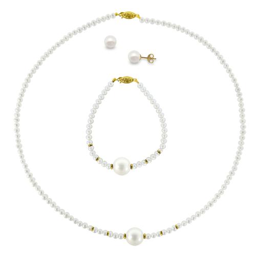 Σετ κολιέ, σκουλαρίκια και βραχιόλι σε Κ14 χρυσό με λευκά μαργαριτάρια - M121493