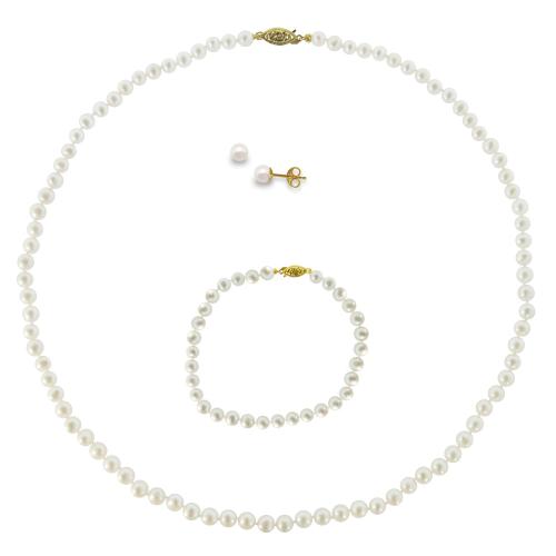 Σετ κολιέ, σκουλαρίκια και βραχιόλι σε Κ14 χρυσό με λευκά μαργαριτάρια - M990006