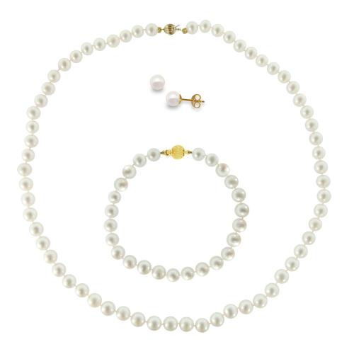 Σετ κολιέ, σκουλαρίκια και βραχιόλι σε Κ14 χρυσό με λευκά μαργαριτάρια - M990010