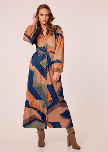 Φόρεμα με γεωμετρικά σχέδια και βολάν - Μπλε