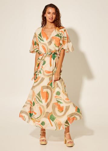 Φόρεμα μακρύ κρουαζέ με εμπριμέ μοτίβο - Πορτοκαλί