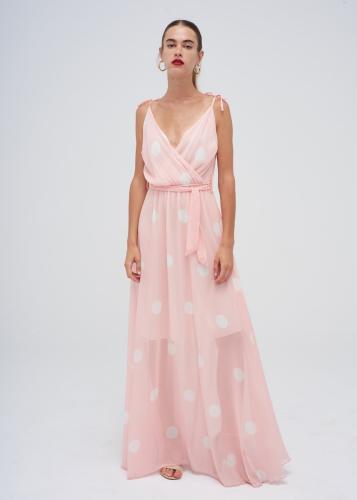 Φόρεμα ροζ maxi σε πουά σχεδιο