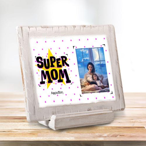 Super Mom - Ξύλινο Κάδρο Vintage Λευκό Μεγάλο