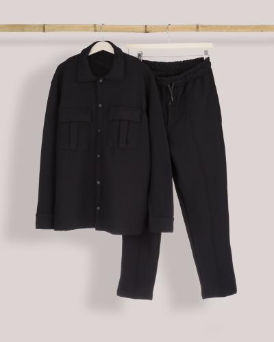 Ανδρικό σετ πουκάμισο και παντελόνι με ανάγλυφο ύφασμα (Μαύρο)
