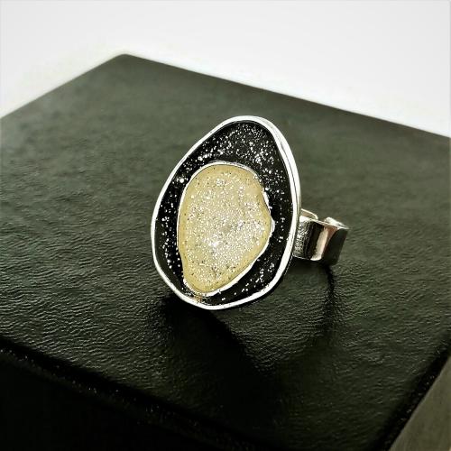 Black and Βeige Enamel Resin Open Band Ring, Sterling Silver Ring with Black and Βeige Enamel Resin, Adjustable Ring, Unique Ring