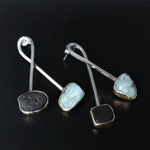 Black Lava Stone and Aquamarine Long Drop Earrings, Handmade Sterling Silver Dangle Earrings with Raw Aquamarine and Lava Stone