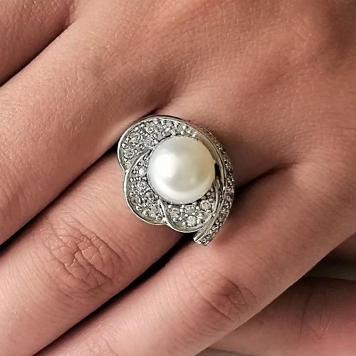 Flower White Pearl Sterling Silver Ring, Freshwater White Pearl + Cubic Zirconia Ring, Sterling Silver Rhodium Plated Ring, Wedding Ring