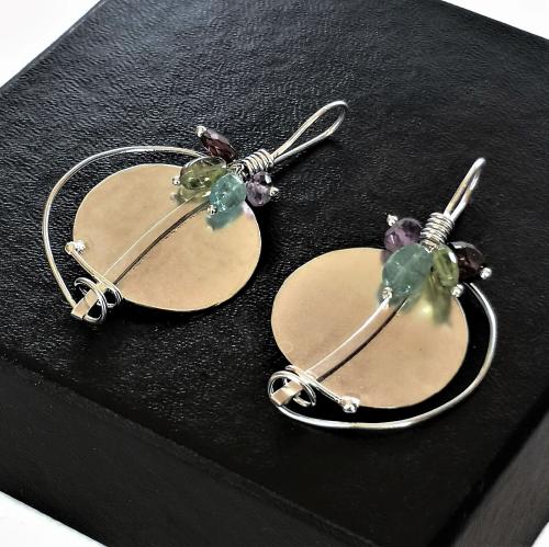 Sterling Silver Dangle Earrings, Round Drop Earrings with Peridot, Aquamarine, Garnet + Amethyst Gemstone, Circle earrings, Gift for Her