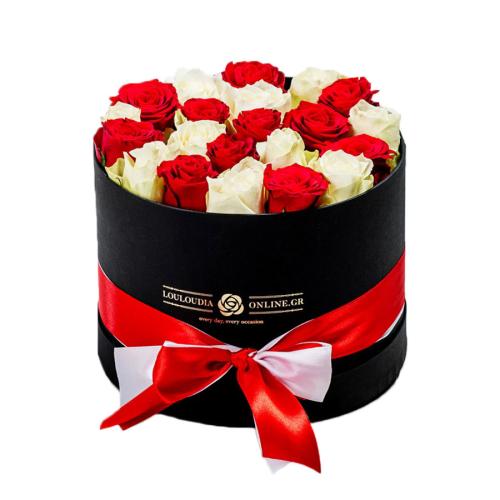 Κουτί με 20 Λευκά-Κόκκινα Τριαντάφυλλα 19x20cm