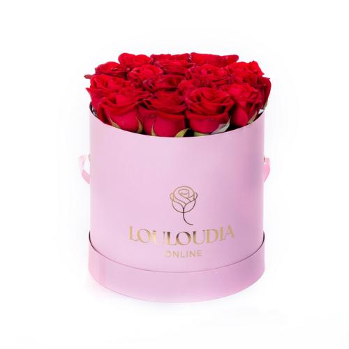 Ροζ Κουτί με 15 Κόκκινα Τριαντάφυλλα 20x22cm