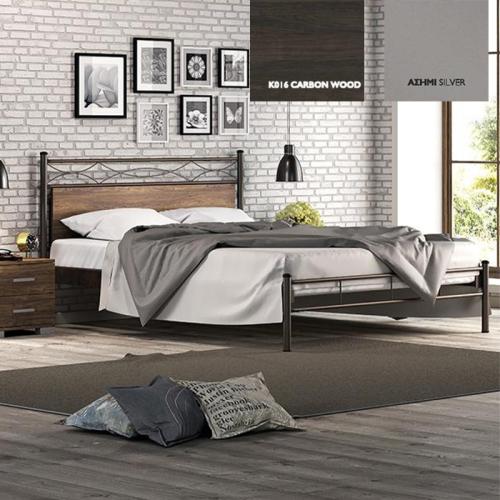Αριάδνη Κρεβάτι Μεταλλικό Με Επένδυση Μοριοσανίδας (Για Στρώμα 90×190) Με Επιλογές Χρωμάτων Carbon Wood,Ασημί