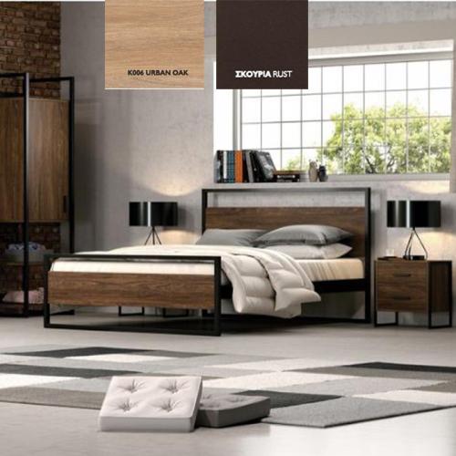 Λώρα Κρεβάτι Μεταλλικό Με Επένδυση Μοριοσανίδας (Για Στρώμα 160×200) Με Επιλογές Χρωμάτων Urban Oak,Σκουριά