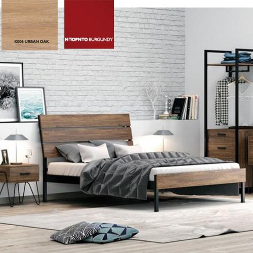 Λυδία Κρεβάτι Μεταλλικό Με Επένδυση Μοριοσανίδας (Για Στρώμα 150×190) Με Επιλογές Χρωμάτων Urban Oak,Μπορντό