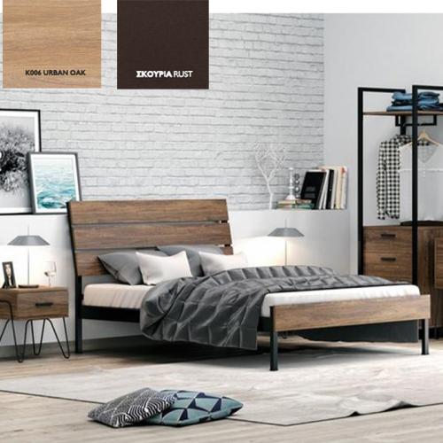 Λυδία Κρεβάτι Μεταλλικό Με Επένδυση Μοριοσανίδας (Για Στρώμα 90×190) Με Επιλογές Χρωμάτων Urban Oak,Σκουριά